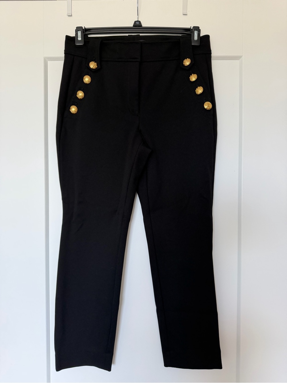 WHBM Black High-Rise Stretch Ponte Pants with Gold Buttons